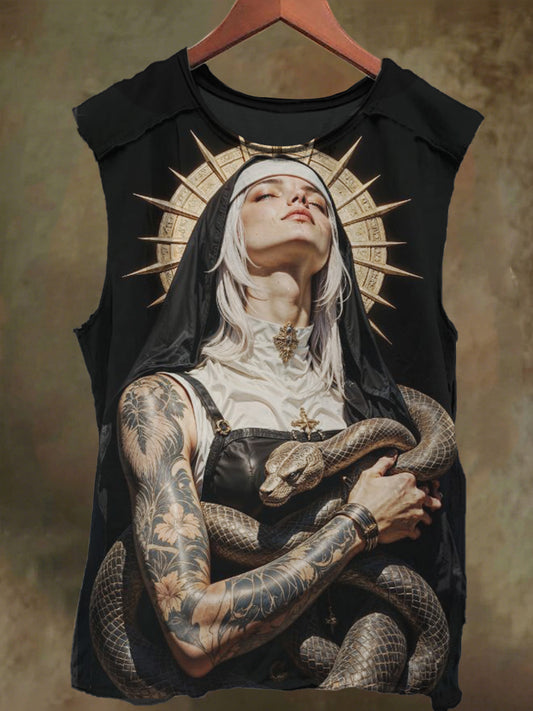 Unisex Nun and Snake Print Casual Cotton Tank Top