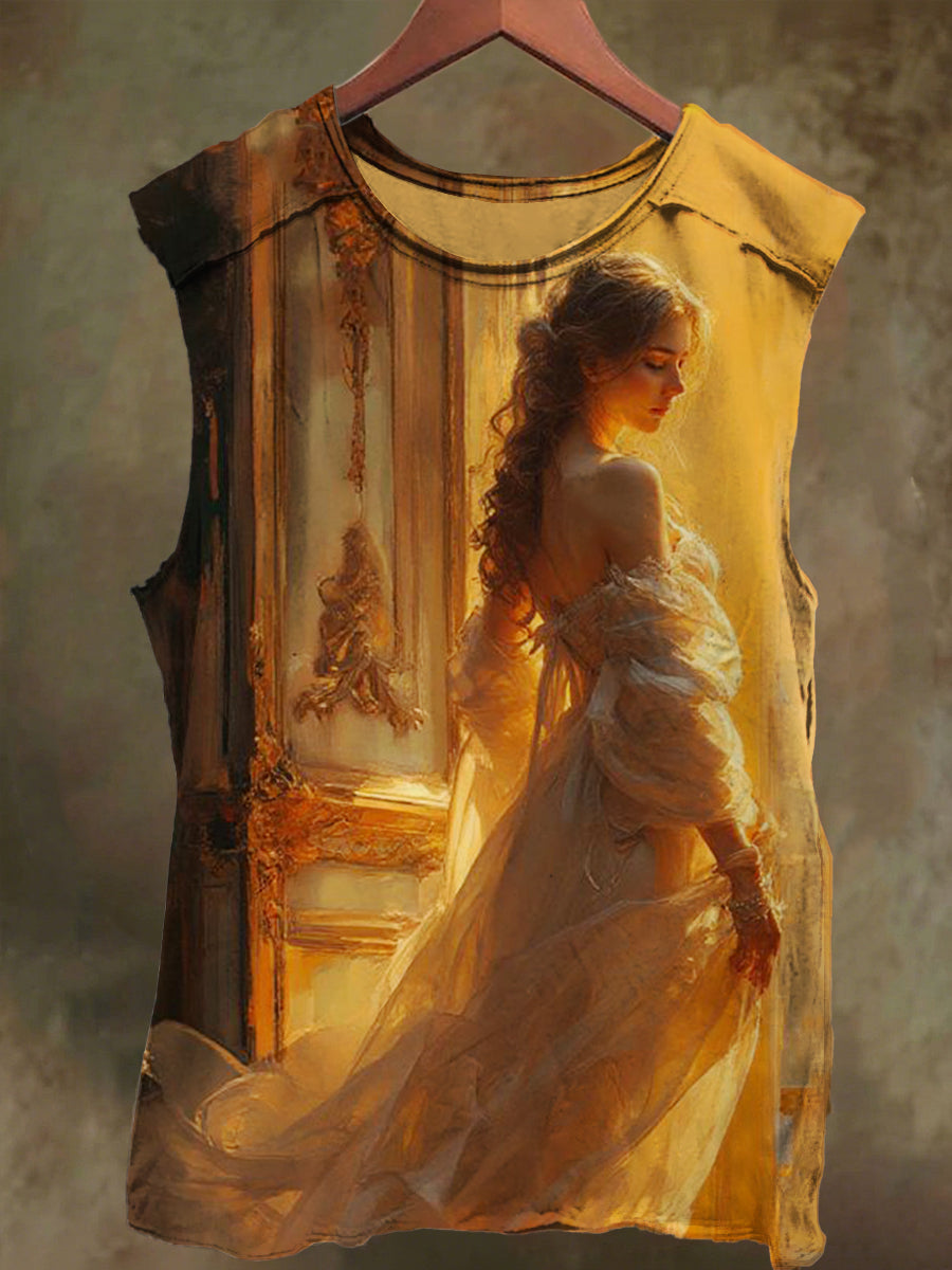 Unisex Girly Print Casual Cotton Tank Top in Oil Painting