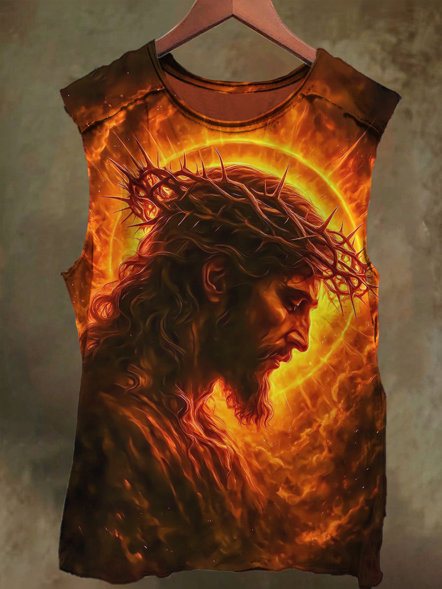 Unisex Flame Halo Jesus Print Casual Cotton Tank Top