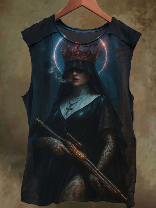 Unisex Crown Nun's Gun Print Casual Cotton Tank Top