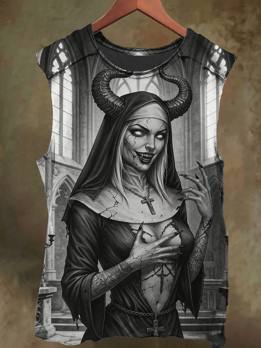 Unisex Gothic Demon Cross Nun Print Casual Cotton Tank Top