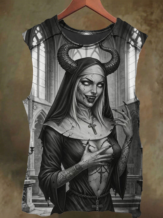 Unisex Gothic Demon Cross Nun Print Casual Cotton Tank Top