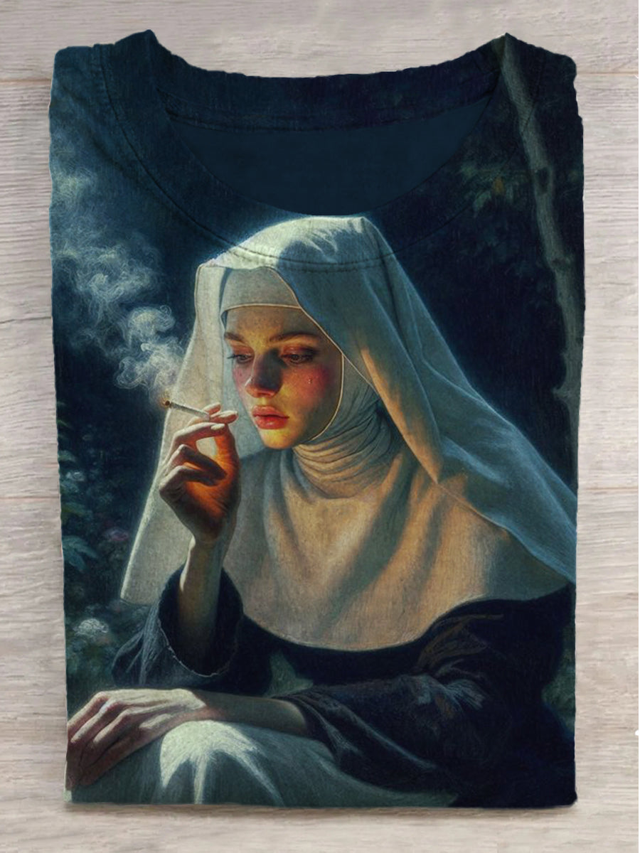 Smoking Nun Printed Round Neck Short Sleeve T-Shirt