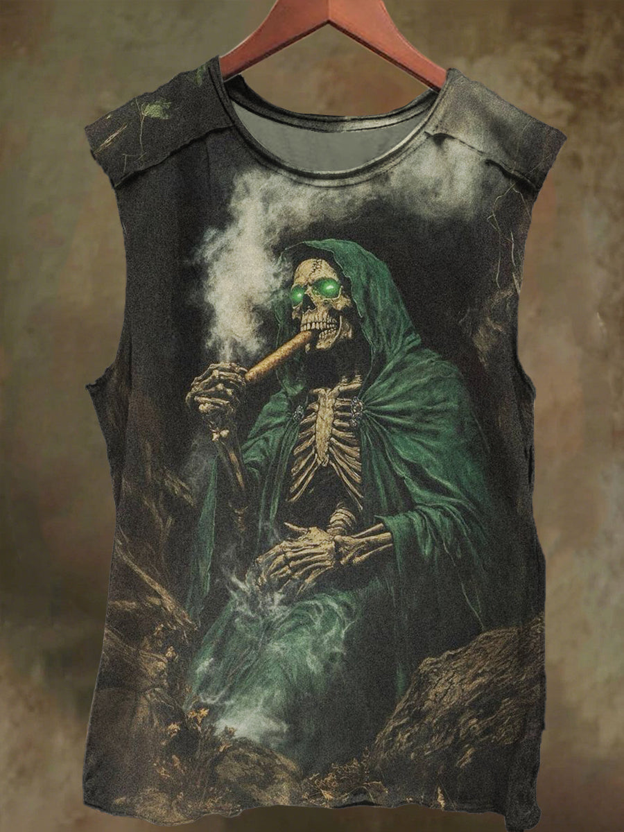 Unisex Smoking Skull Print Casual Cotton Tank Top