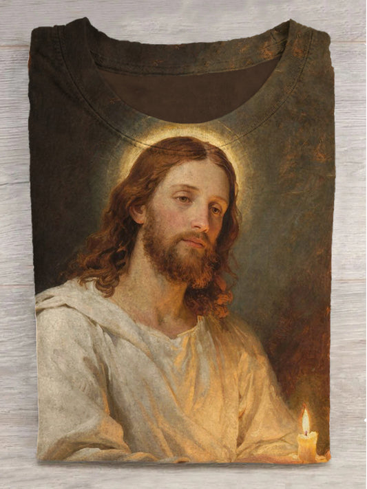 Jesus Printed Round Neck Short Sleeve T-Shirt