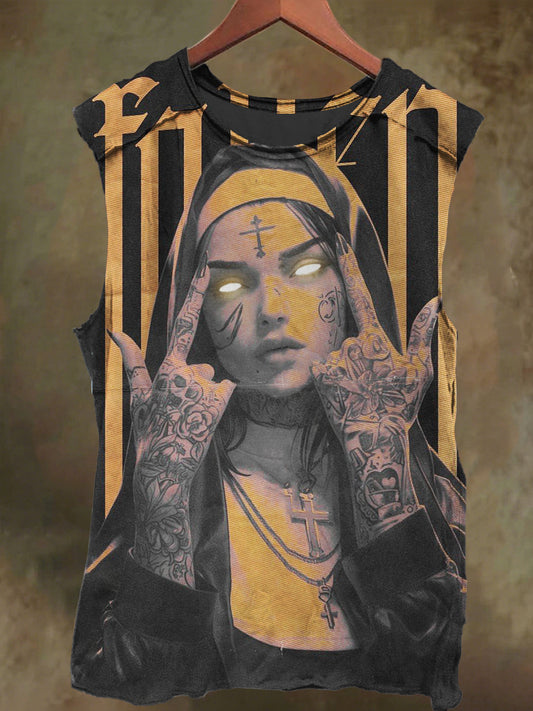 Unisex Mid Finger Gothic Nun Print Casual Cotton Tank Top