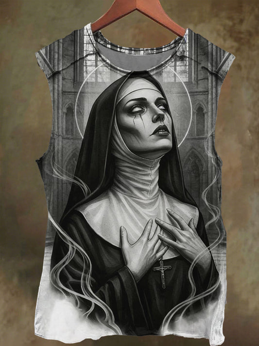 Unisex Gothic Dark Nun Print Casual Cotton Tank Top