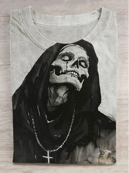 Ink Skull Print Round Neck Short Sleeve T-Shirt