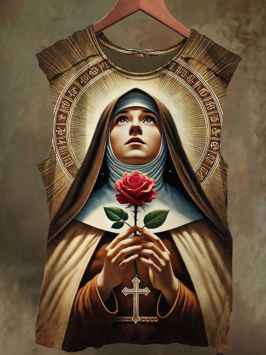 Unisex Nun's Rose Print Casual Cotton Tank Top