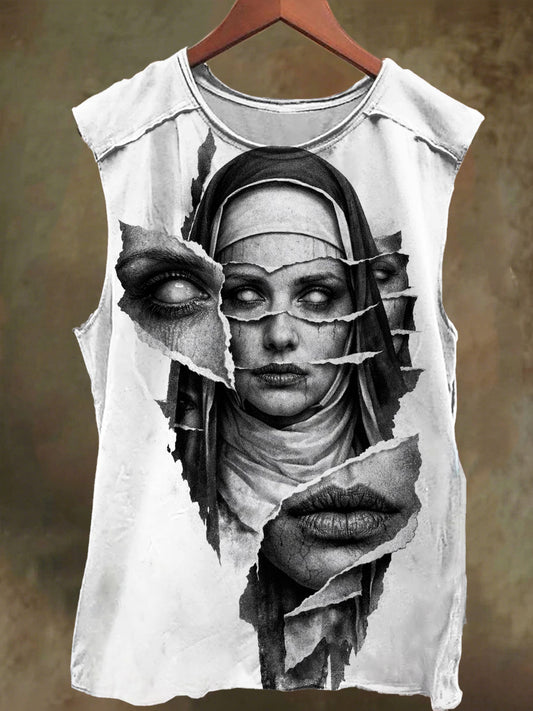 Unisex Visual Illusion Nun Print Casual Cotton Tank Top