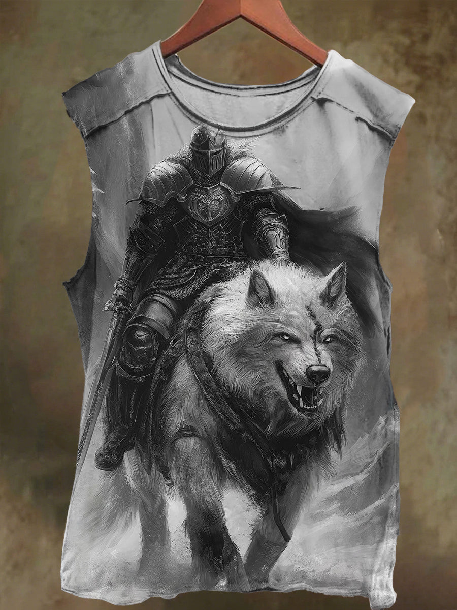Unisex Knight and Wolf Print Casual Cotton Tank Top