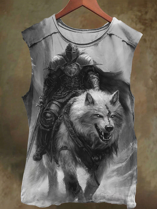Unisex Knight and Wolf Print Casual Cotton Tank Top