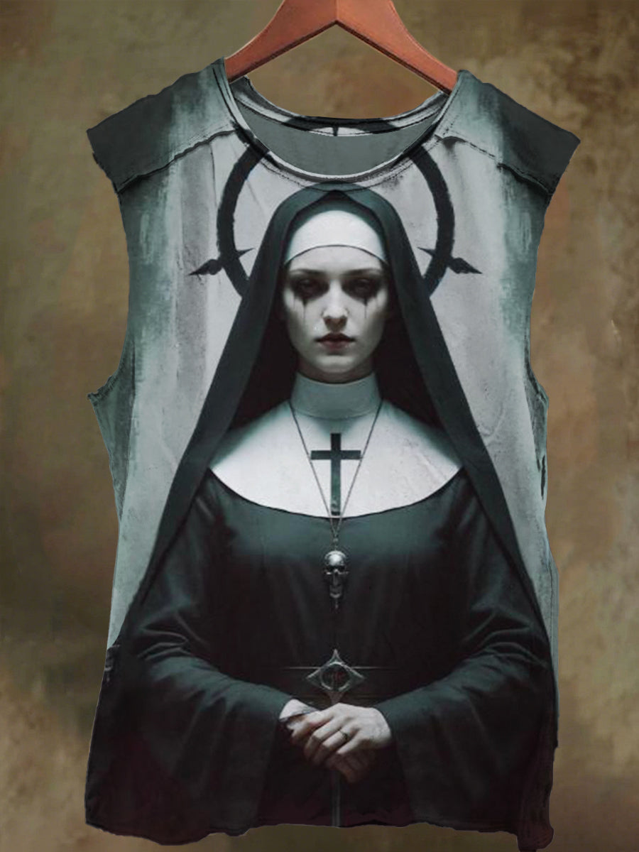 Unisex Crucifix Nun Print Casual Cotton Tank Top