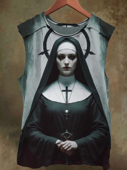 Unisex Crucifix Nun Print Casual Cotton Tank Top