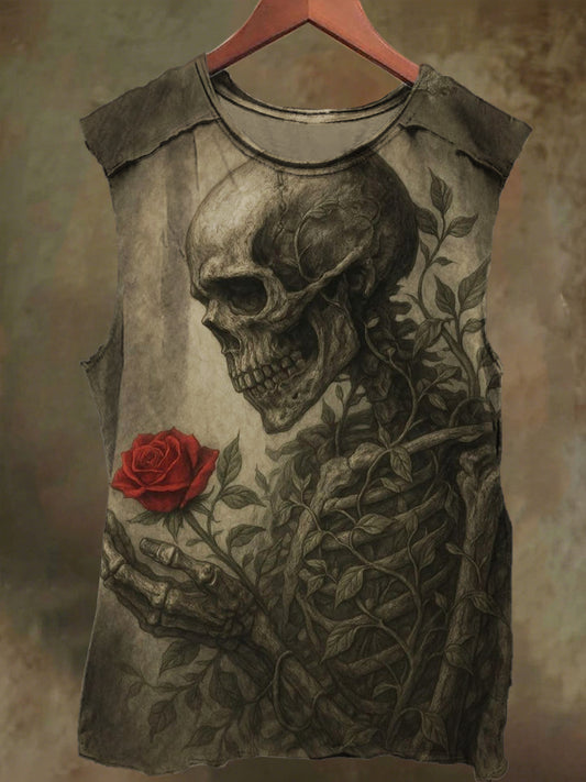 Unisex Rose Skull Print Casual Cotton Tank Top