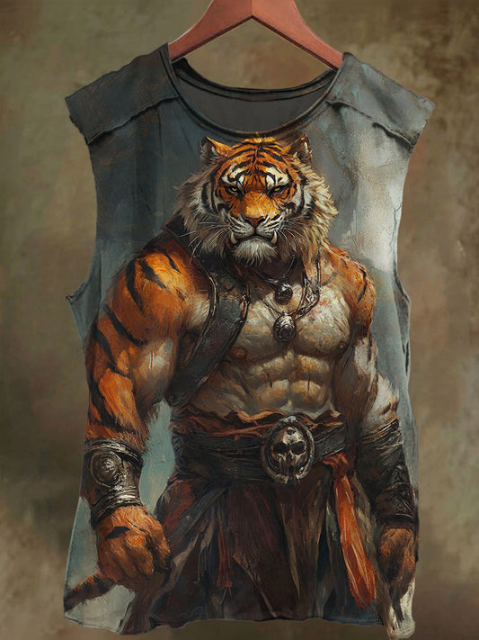 Unisex Tiger Warrior Print Casual Cotton Tank Top