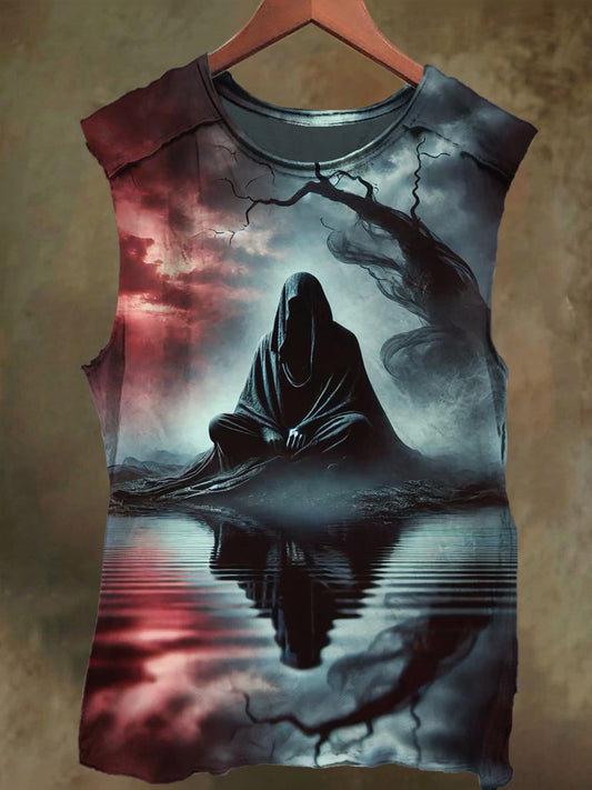 Unisex Hooded Mask Reflection Print Casual Cotton Tank Top