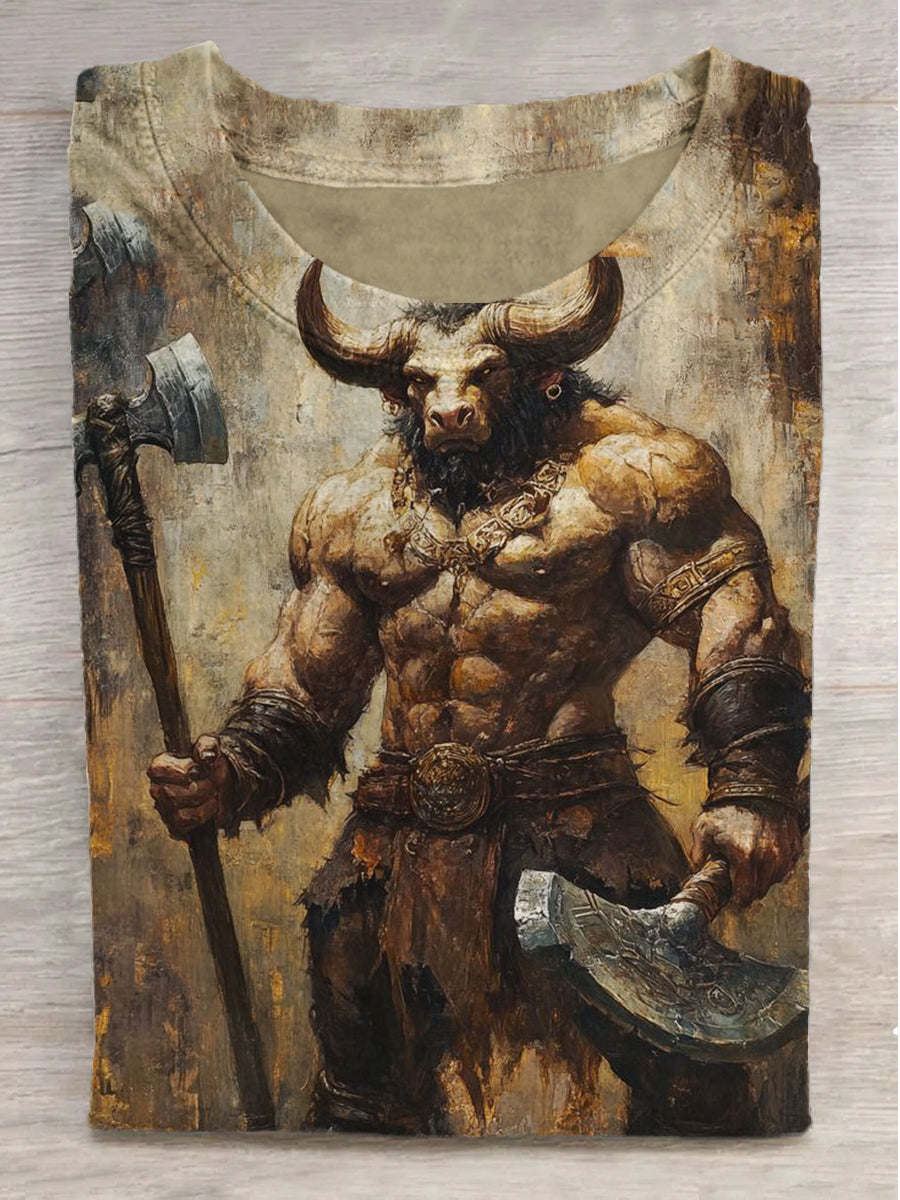 Bullhorn Warrior Print Round Neck Short Sleeve T-Shirt