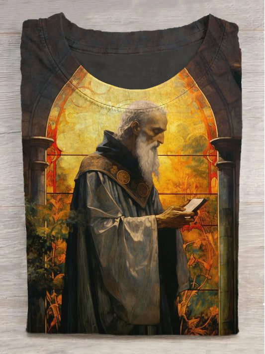 Faithful Old Man Printed Crew Neck Short Sleeve T-Shirt