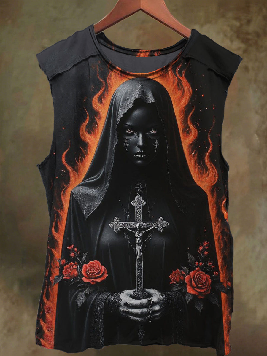 Unisex Gothic Cross Rosary Nun Print Casual Cotton Tank Top