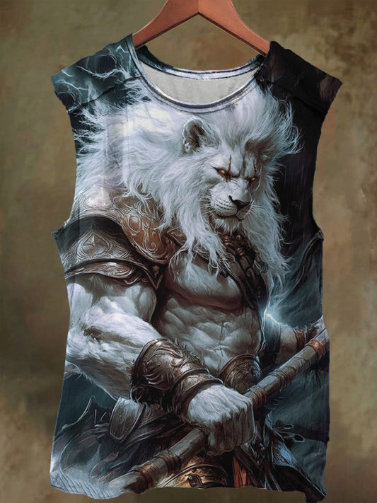 Unisex White Lion Warrior Print Casual Cotton Tank Top