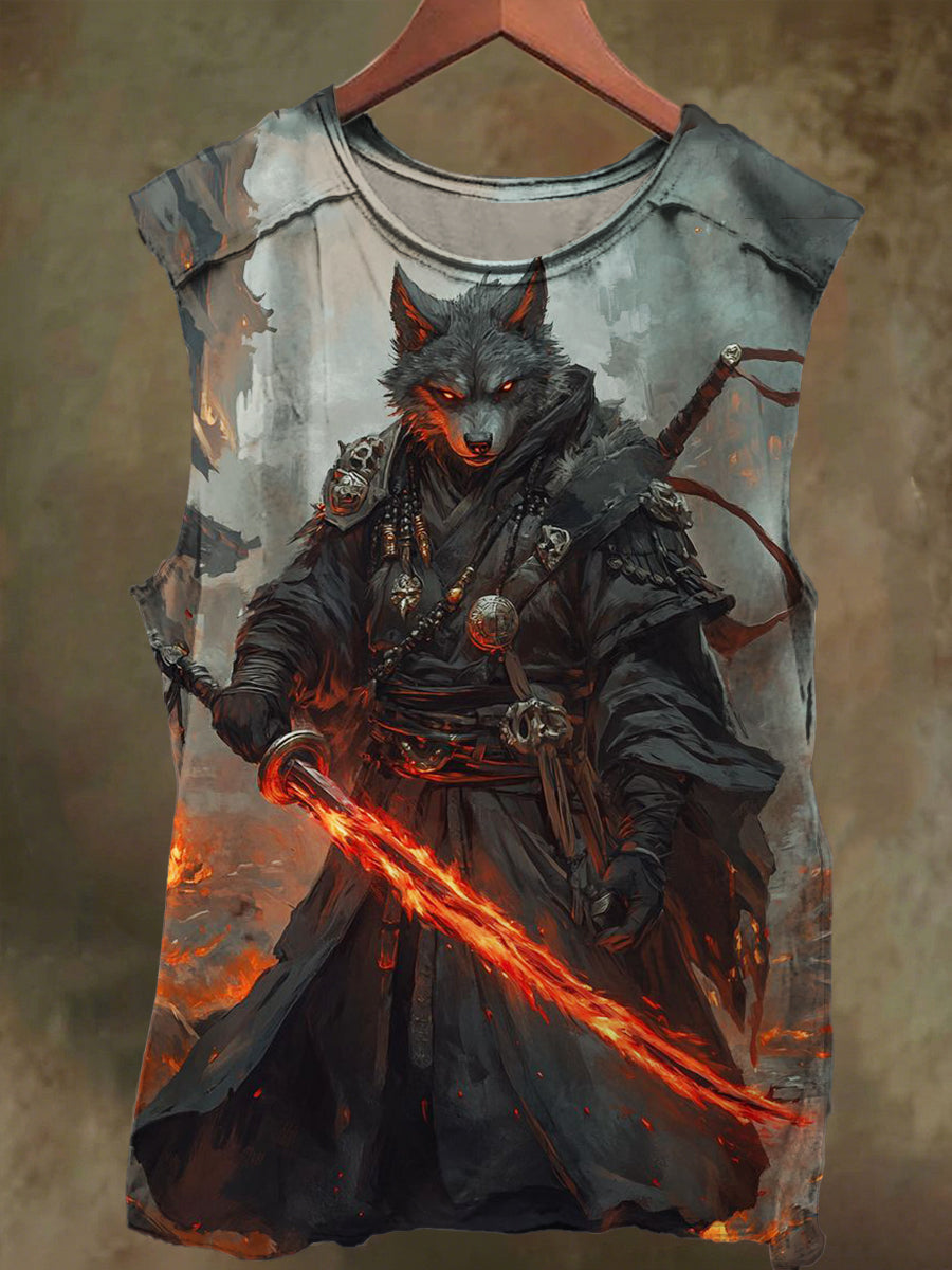 Unisex Wolf Samurai Print Casual Cotton Tank Top