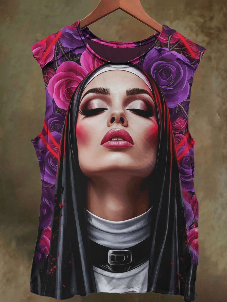 Unisex Gothic Nun Floral Print Casual Cotton Tank Top