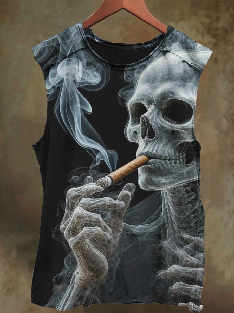 Unisex Smoking Shadow Skull Print Casual Cotton Tank Top