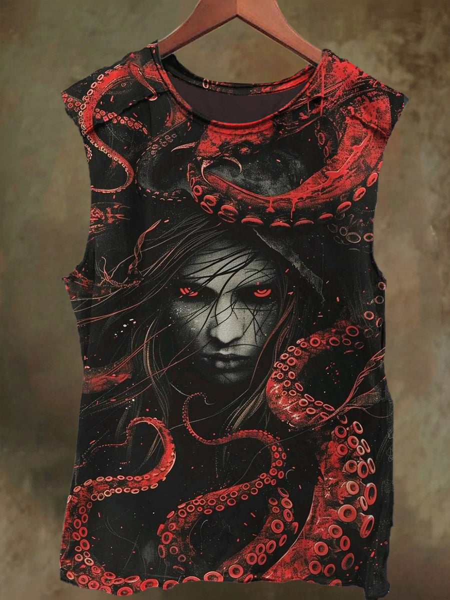 Unisex Goth Girl Tentacle Print Casual Cotton Tank Top