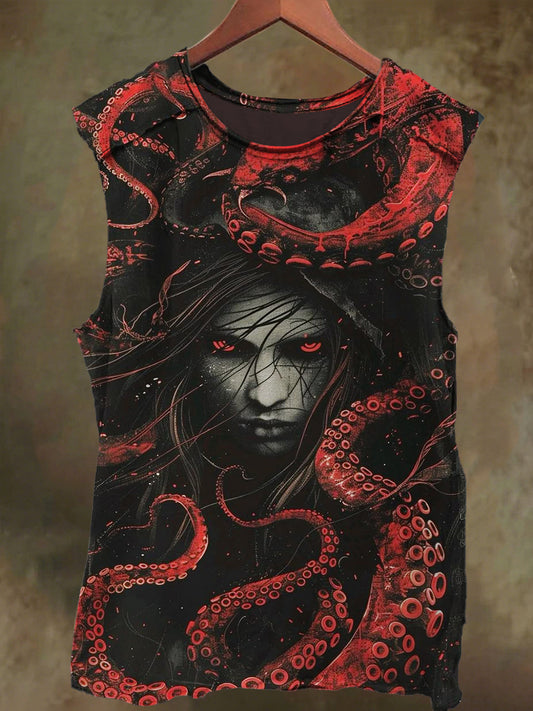 Unisex Goth Girl Tentacle Print Casual Cotton Tank Top