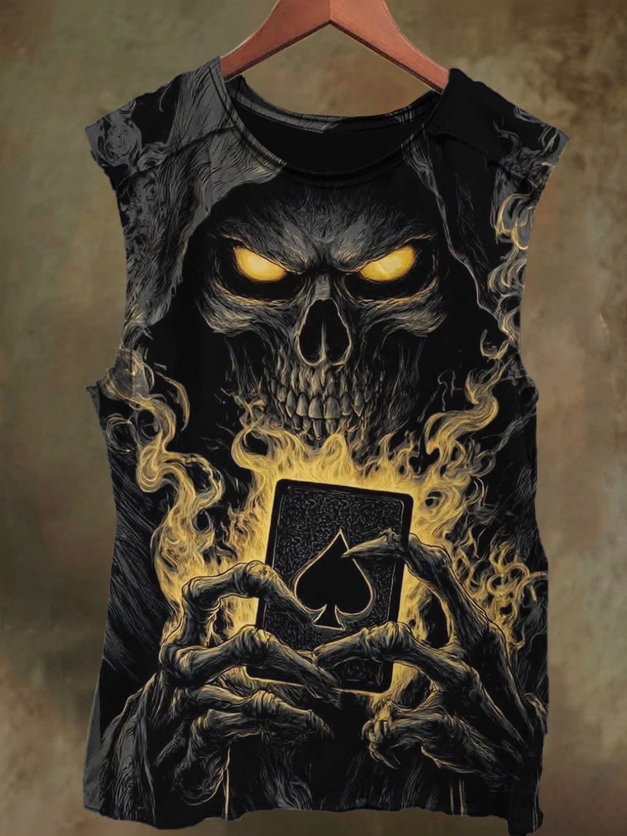 Unisex Flame Poker Skull Print Casual Cotton Tank Top