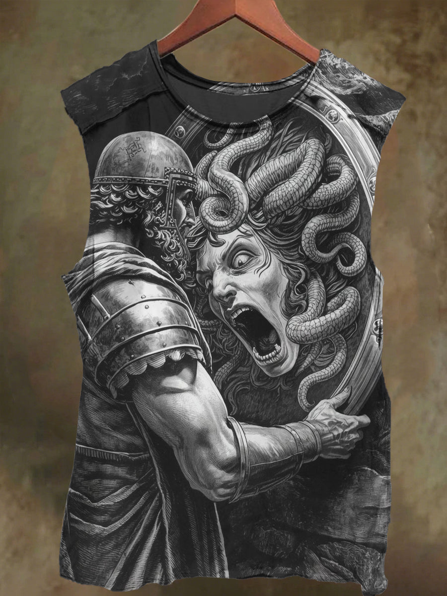 Unisex Samurai and Medusa Print Casual Cotton Tank Top