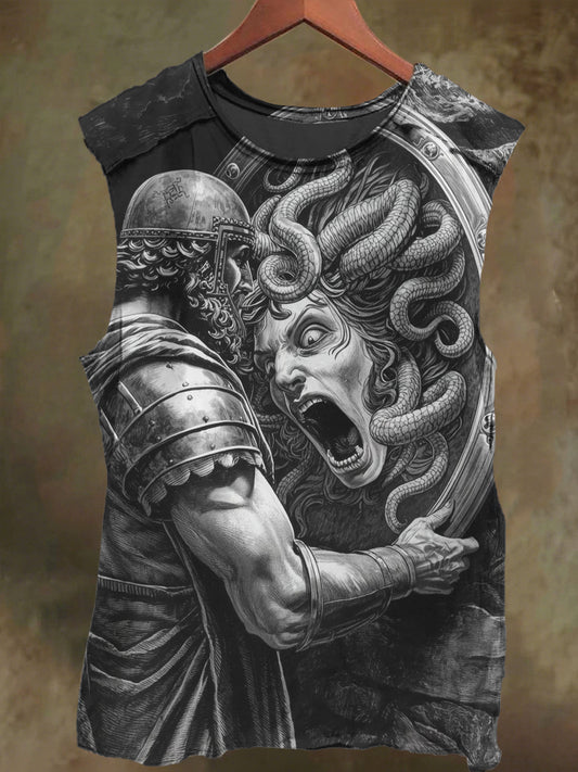 Unisex Samurai and Medusa Print Casual Cotton Tank Top