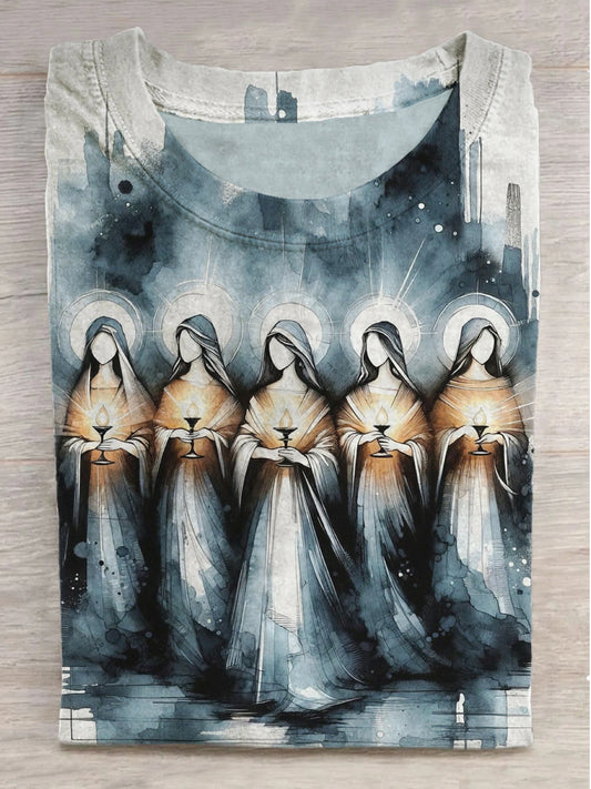 Church Sisters Watercolor Print Round Neck Short Sleeve T-Shirt