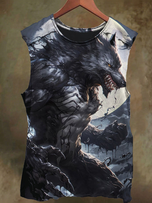 Unisex Muscle White Wolf Warrior Print Casual Cotton Tank Top