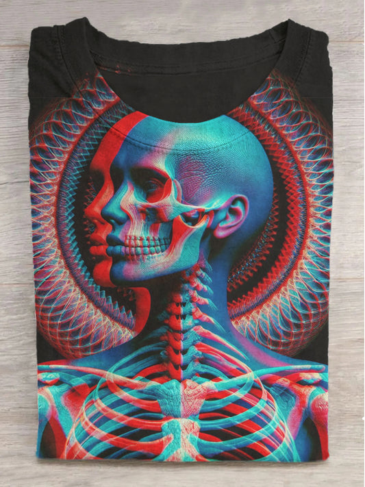 Illusion Skull Print Round Neck Short Sleeve T-Shirt