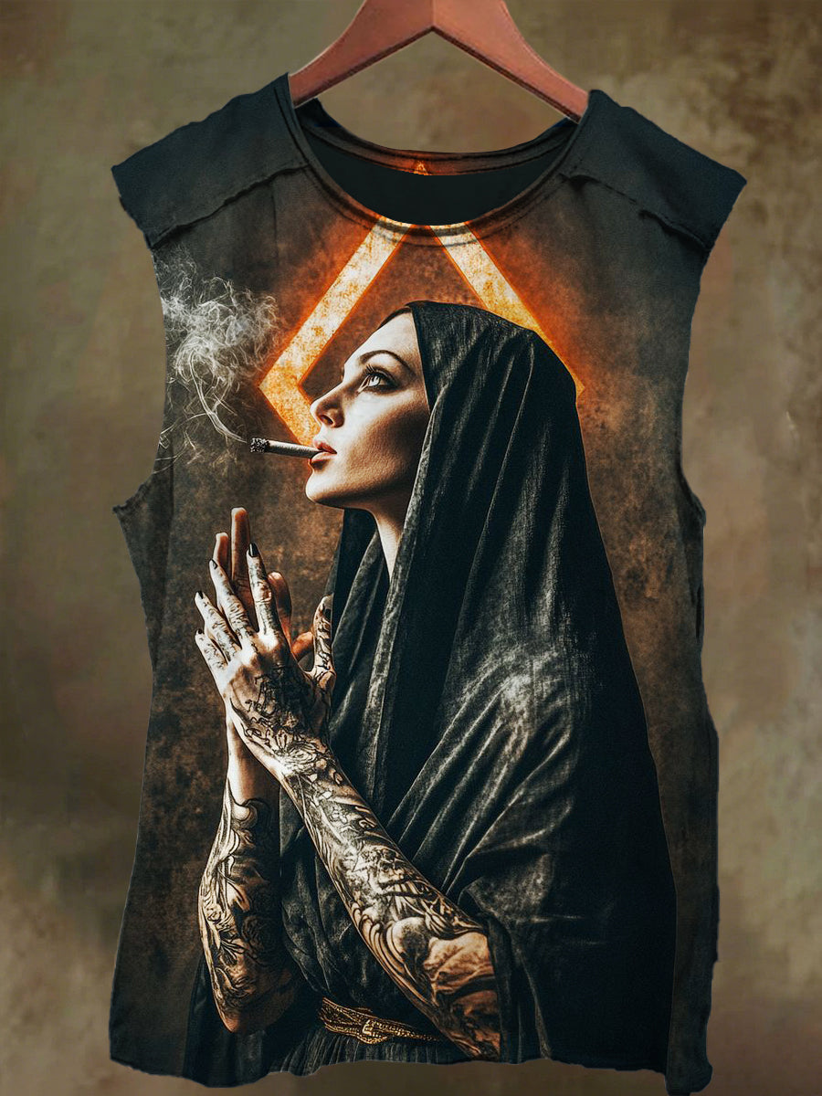 Unisex Tattoo Nun Print Casual Cotton Tank Top
