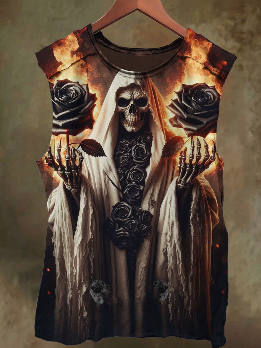 Unisex Rose Skull Flame Print Casual Cotton Tank Top