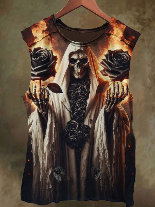 Unisex Rose Skull Flame Print Casual Cotton Tank Top