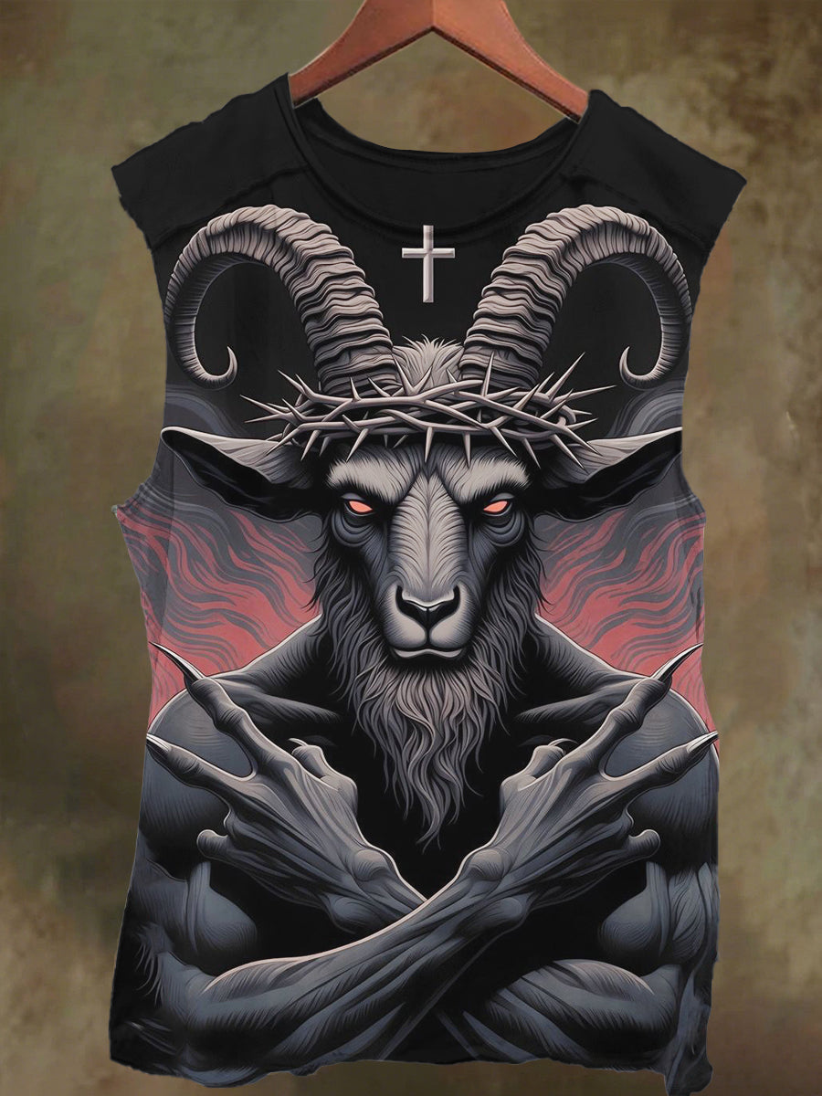 Unisex Cross Satanic Sheep Print Casual Cotton Tank Top