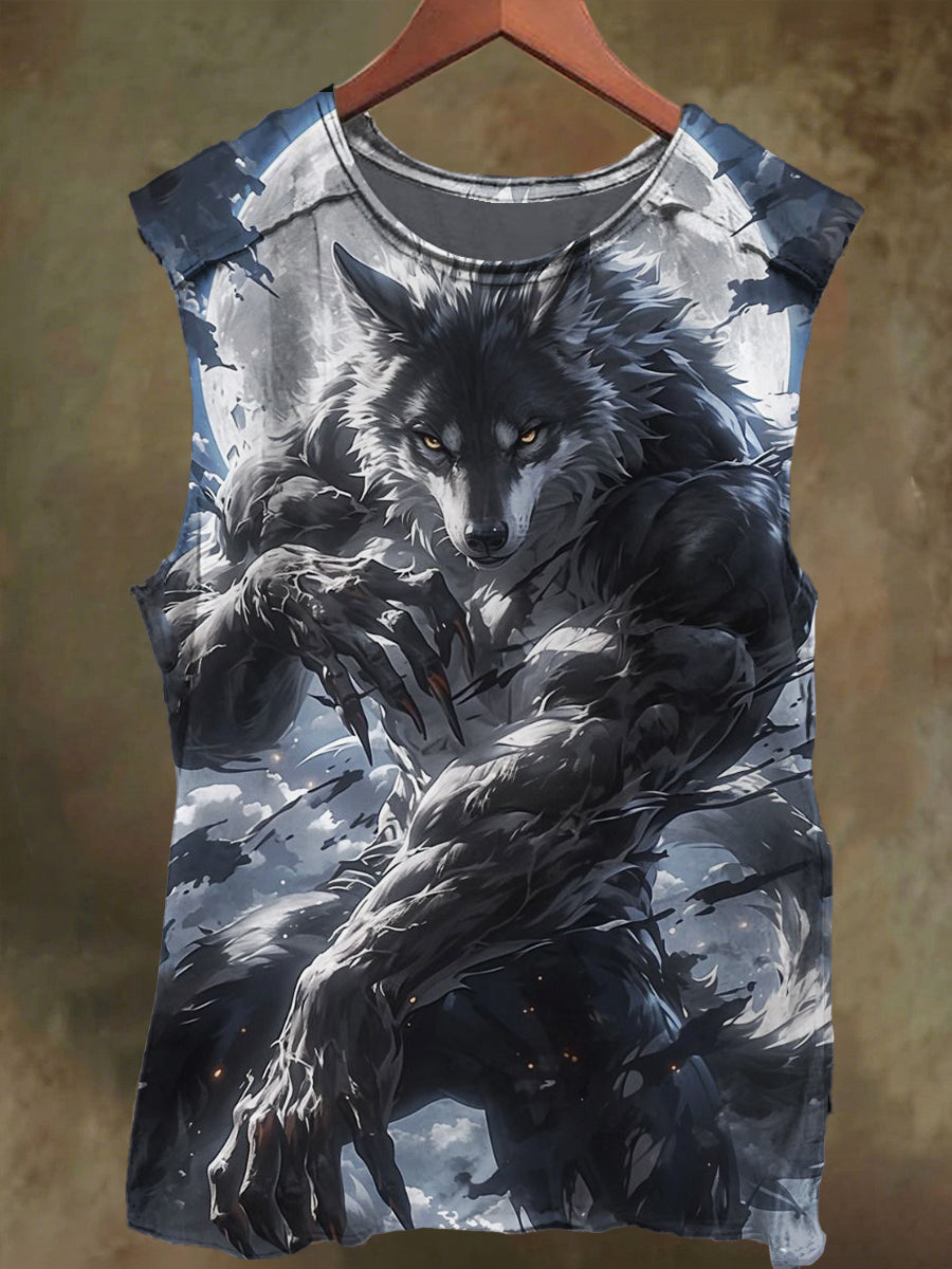 Unisex White Wolf Warrior Print Casual Cotton Tank Top