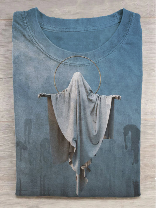 Halo White Cloth Skull Print Round Neck Short Sleeve T-Shirt