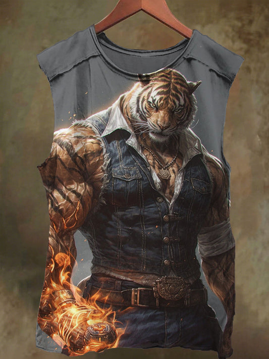 Unisex Muscle Tiger Warrior Print Casual Cotton Tank Top