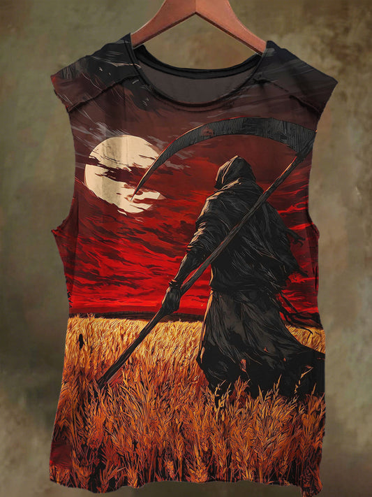 Unisex Sunset Sickle Skull Print Casual Cotton Tank Top