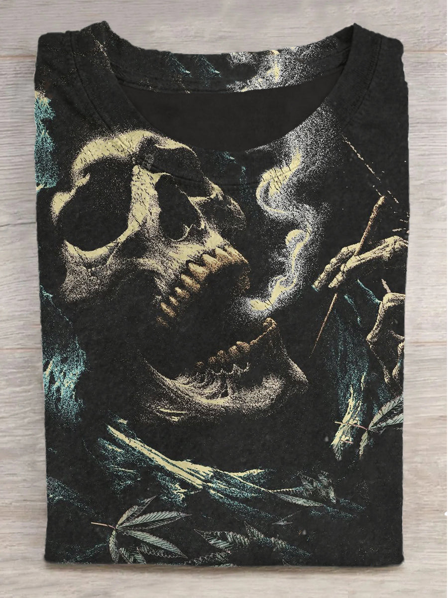 Skull Pellet Smoking Print Round Neck Short Sleeve T-Shirt