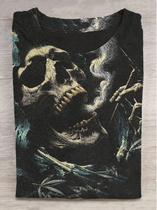 Skull Pellet Smoking Print Round Neck Short Sleeve T-Shirt