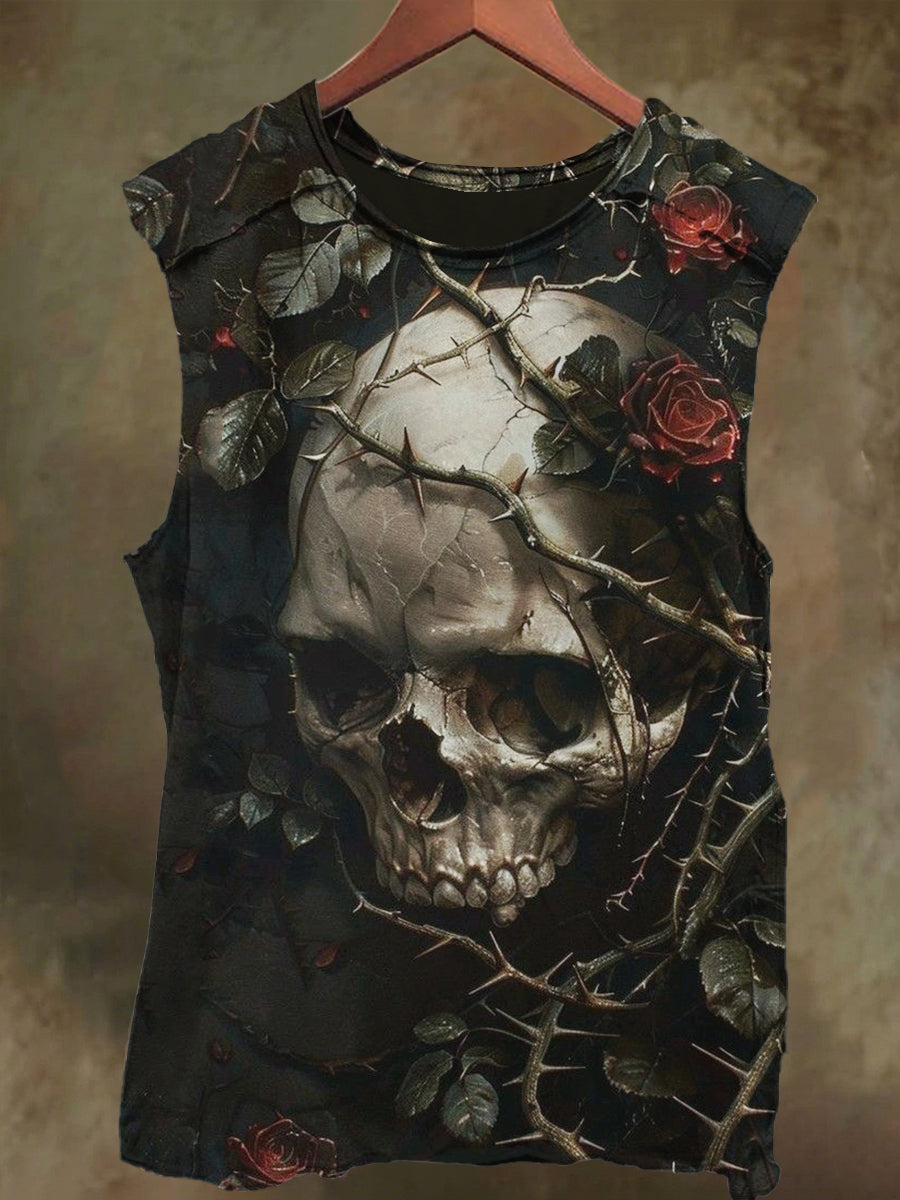 Unisex Rose Skull Thorn Print Casual Cotton Tank Top