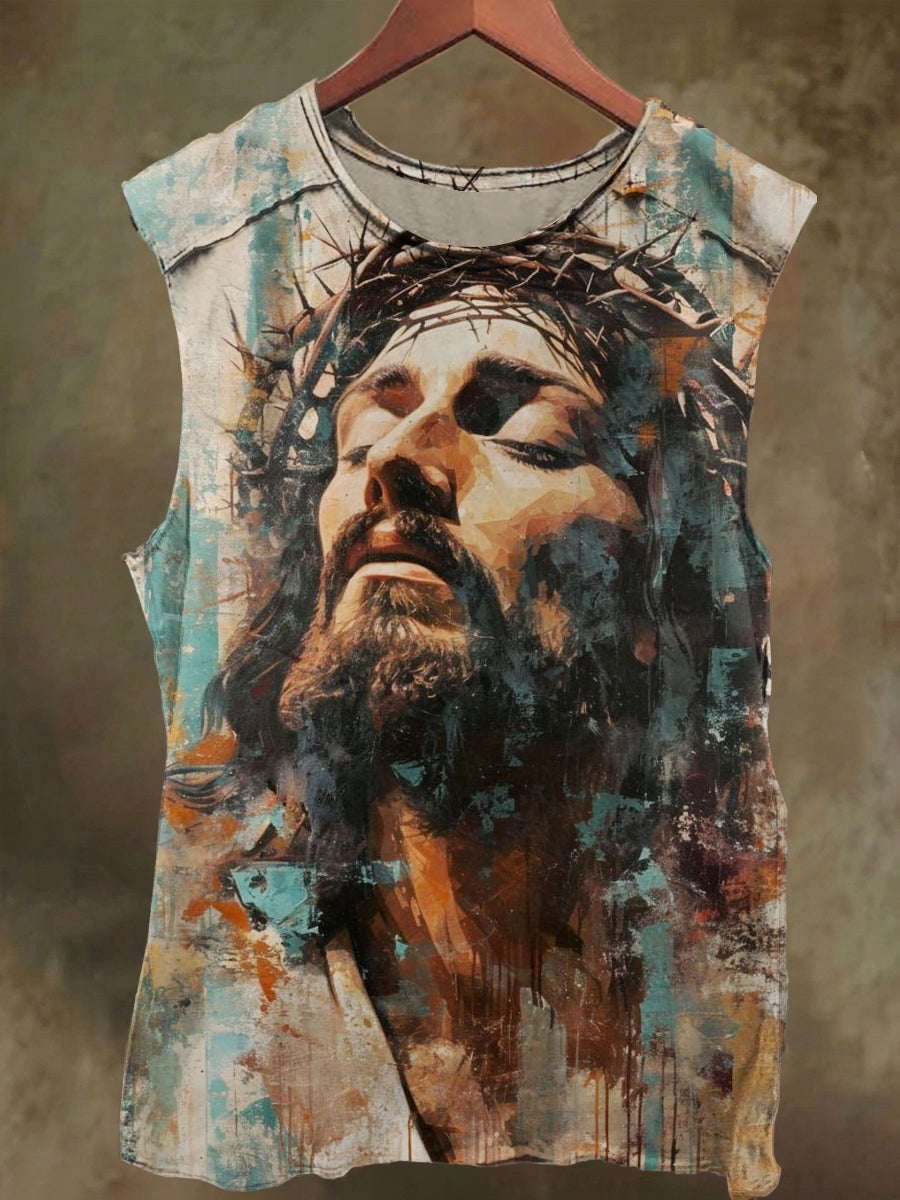 Unisex Oil Painting Colorful Jesus Print Casual Cotton Tank Top