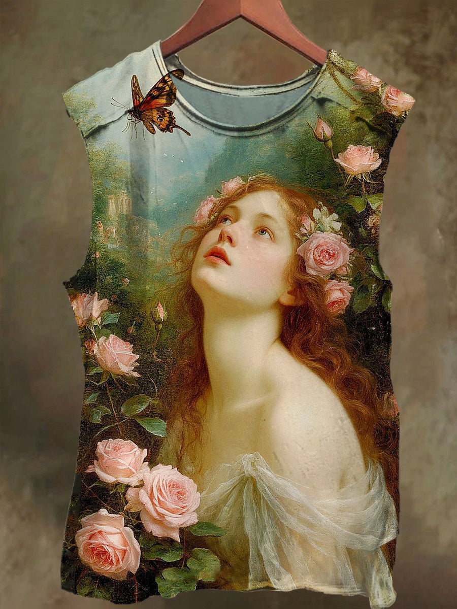 Unisex Oil Painting Angel Garden Print Casual Cotton Tank Top