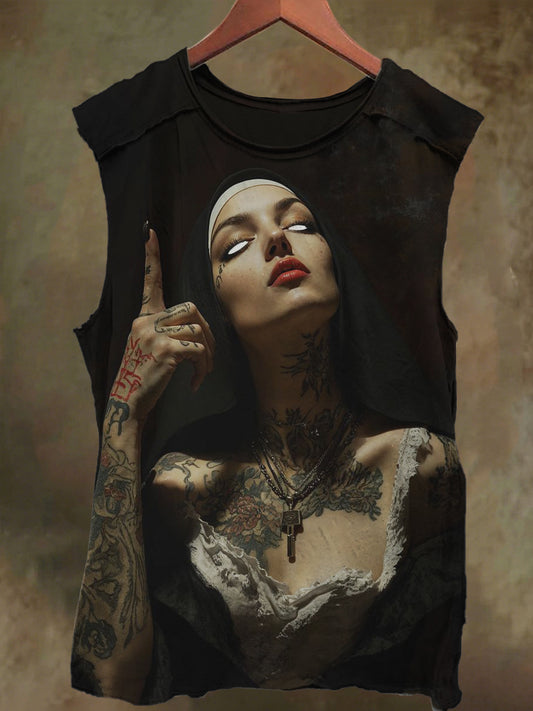 Unisex Dark Nun Print Casual Cotton Tank Top
